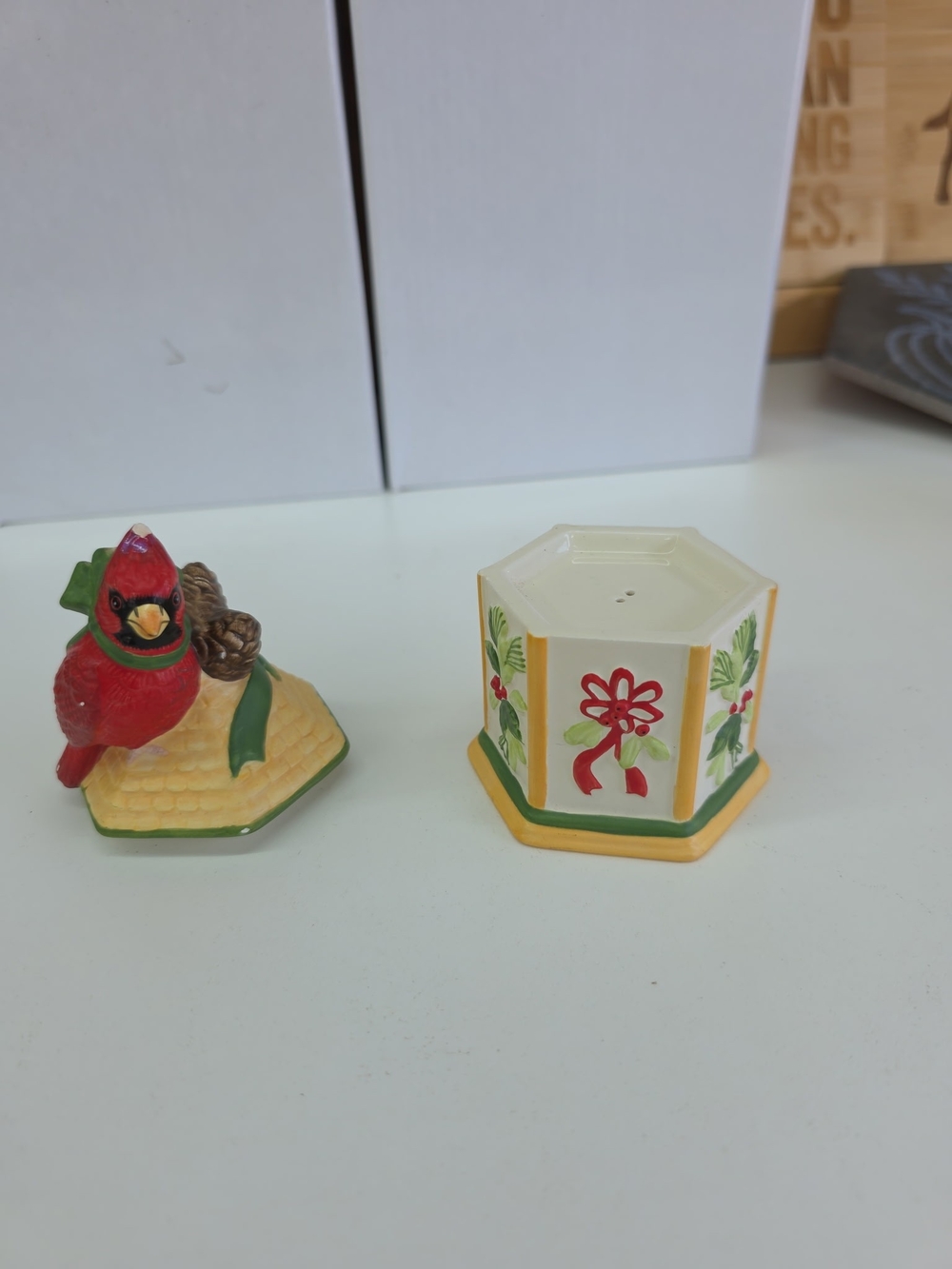 Lenox Red Cardinal and White Holiday Hexagonal Salt and Pepper Shakers